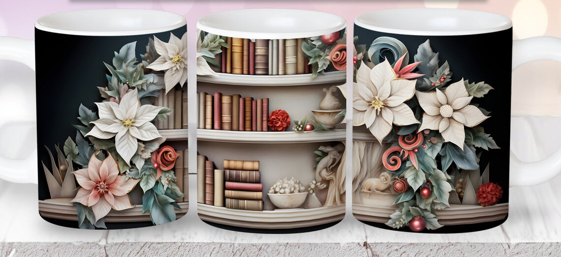 كوب قهوة سيراميكي بتصميم رف الكتب الوردي