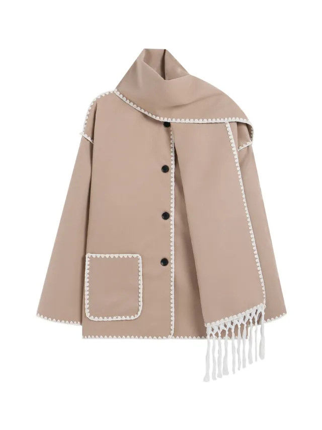 Women's Woolen Coat Thick Loose With Scarf Khaki - Shop at LoveMi