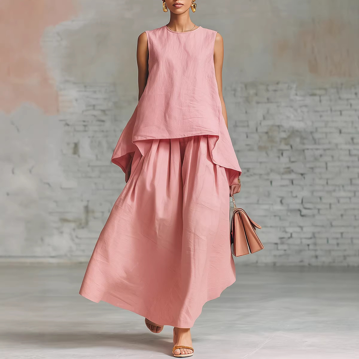 Elastic-waist Sleeveless Top With An Asymmetrical Hem And A Pleated Maxi Skirt
