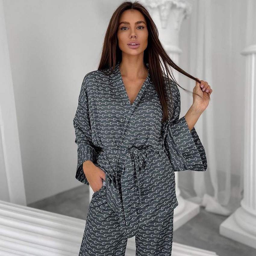 Printed Loose Cardigan Nightgown Trousers Suit
