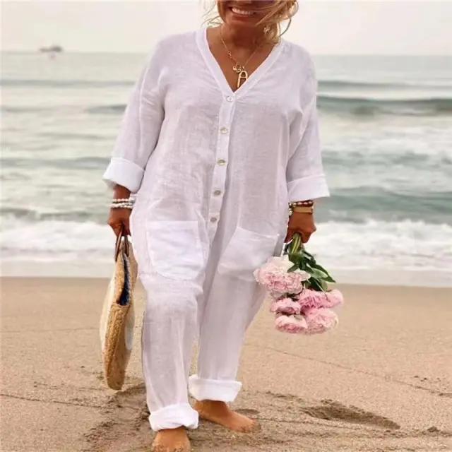 Women's Fashion Casual Cotton And Linen Jumpsuit White - Shop at LoveMi