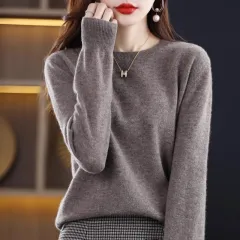 Round Neck Pure Wool Women's Sweater Loose Autumn And Winter - Dark Camel - View 1
