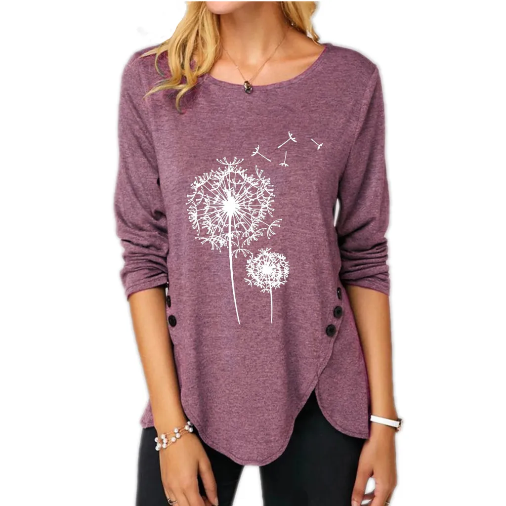 New Irregular Button Long Sleeve Round Neck Women's Printed Wear T-shirt - Red