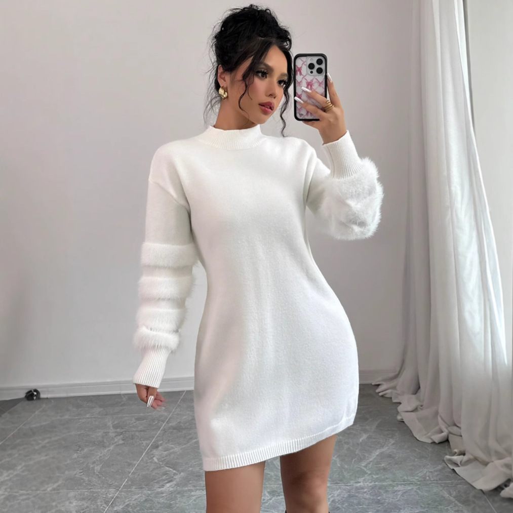 Solid Color Knitted Long sleeved Dress White - Shop at LoveMi