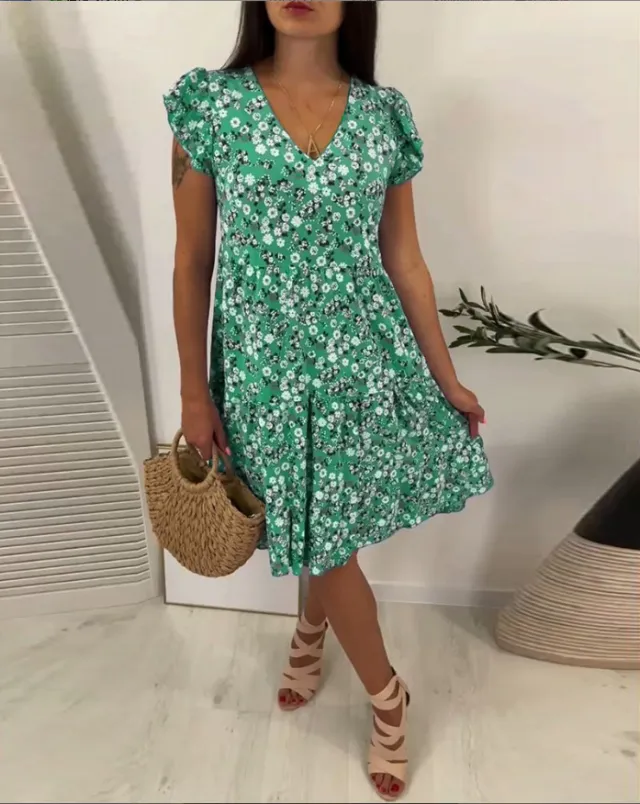 Women's V neck Floral Short Sleeve Slim Fit Dress Green - Shop at LoveMi