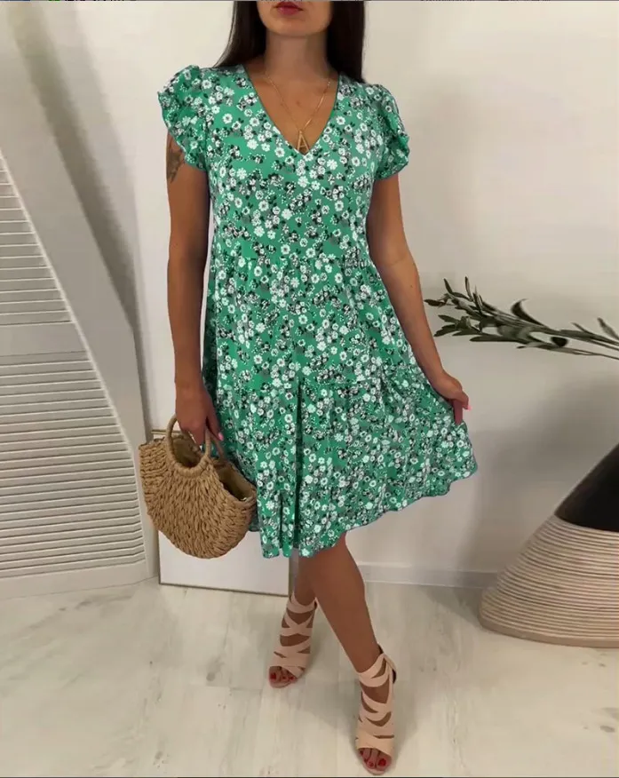 Women's V-neck Floral Short Sleeve Slim Fit Dress - Green