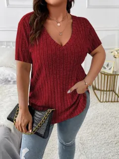 Solid Color Plus Size Women's Clothes Top V-neck Sunken Stripe Short Sleeve T-shirt - Red - View 1