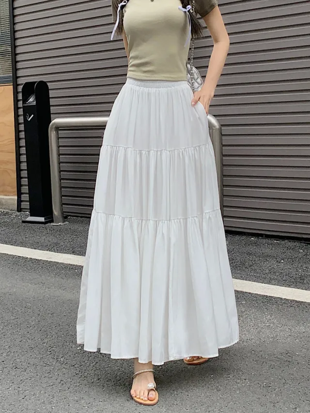 Gentle A Line Mid length Plus Size White Skirt For Women White - Shop at LoveMi