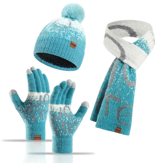 Ladies Jacquard Thickened Faux Mink Scarf Hat Gloves Three Piece Set Hulan - Shop at LoveMi