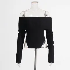 Elegant Idle Style Off-shoulder Top Irregular Hem Slim Slimming Solid Color - Black - View 1