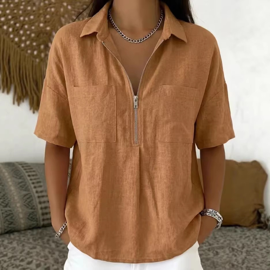 Loose-fit Lapel Short-sleeve Casual V-neck Zip-up Shirt 21 37c11617 69a0 4d6f 809d cec35932debb