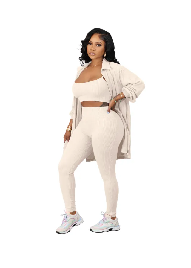 Fashion Casual Home Sling Jacket Small Sunken Stripe Three piece Set Apricot - Shop at LoveMi