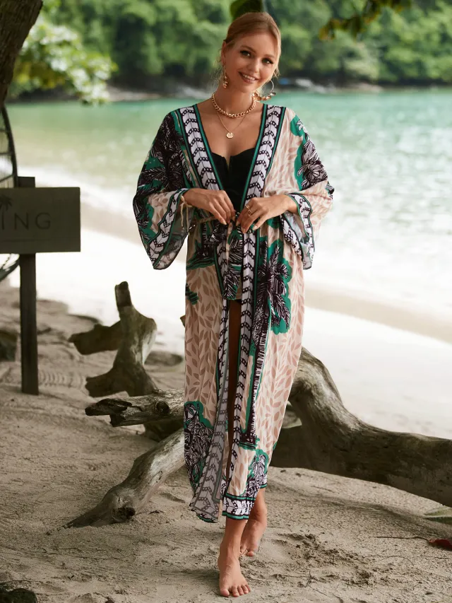 New Rayon Printed Beach Sun Protection Outerwear Cover up Women Zs208513 Leaves Low - Shop at LoveMi