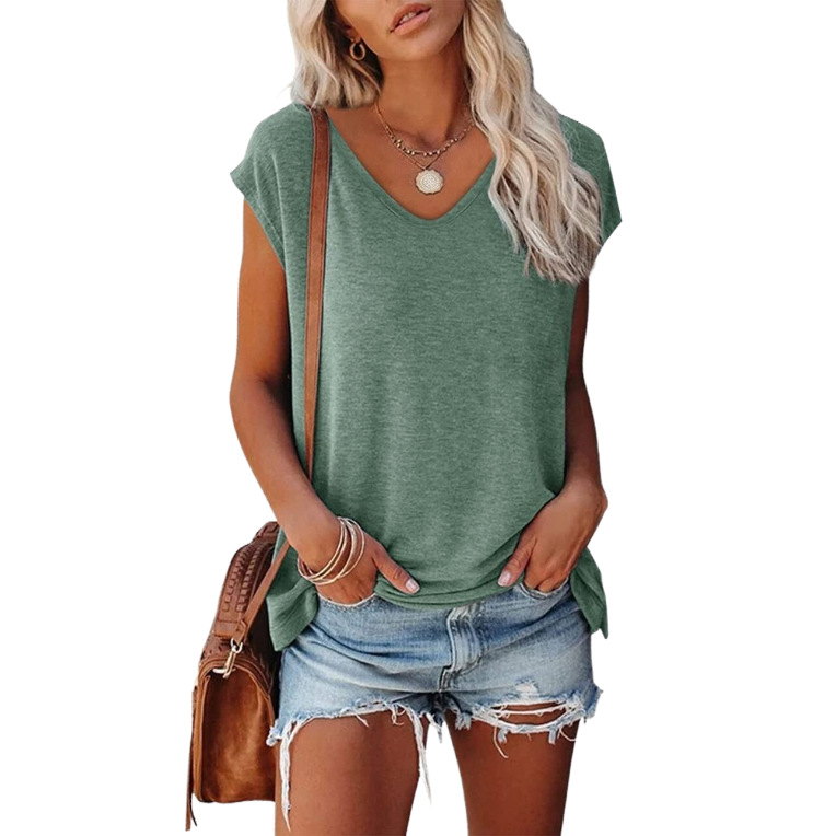 Women's Summer V-Neck Solid Color Casual Loose Short-Sleeve