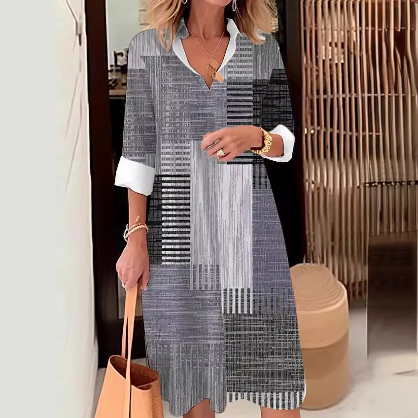 Casual Printing Lapel Long Sleeve Button Irregular Shirt Dress - 0405Style