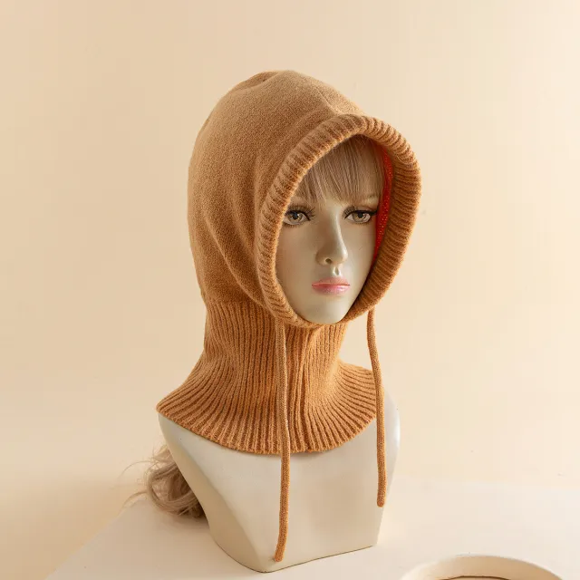 Women's Solid Color Drawstring Strap Scarf Integrated Simple Thermal Knitting Beanie Hat Turmeric - Shop at LoveMi