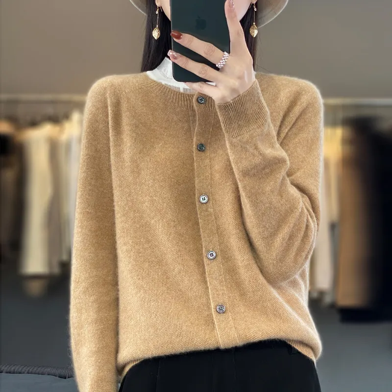 Cardigan Plus Size Coat Loose Round Neck Sweater - Golden Camel