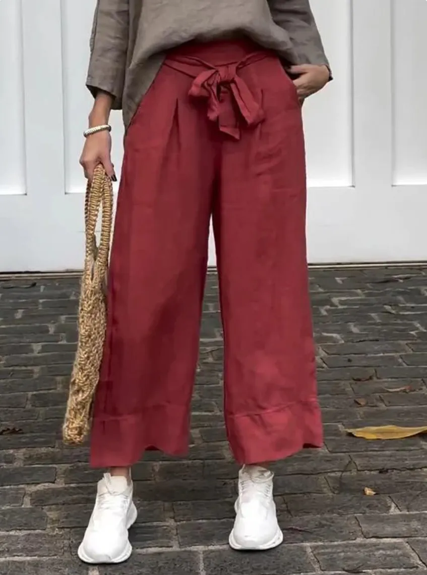 Women's Lightweight Adjustable High Waist Loose Trousers With Pockets - Wine