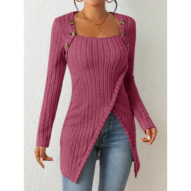 Woman Square neck Off shoulder Slit Sweater Rose Red - Shop at LoveMi