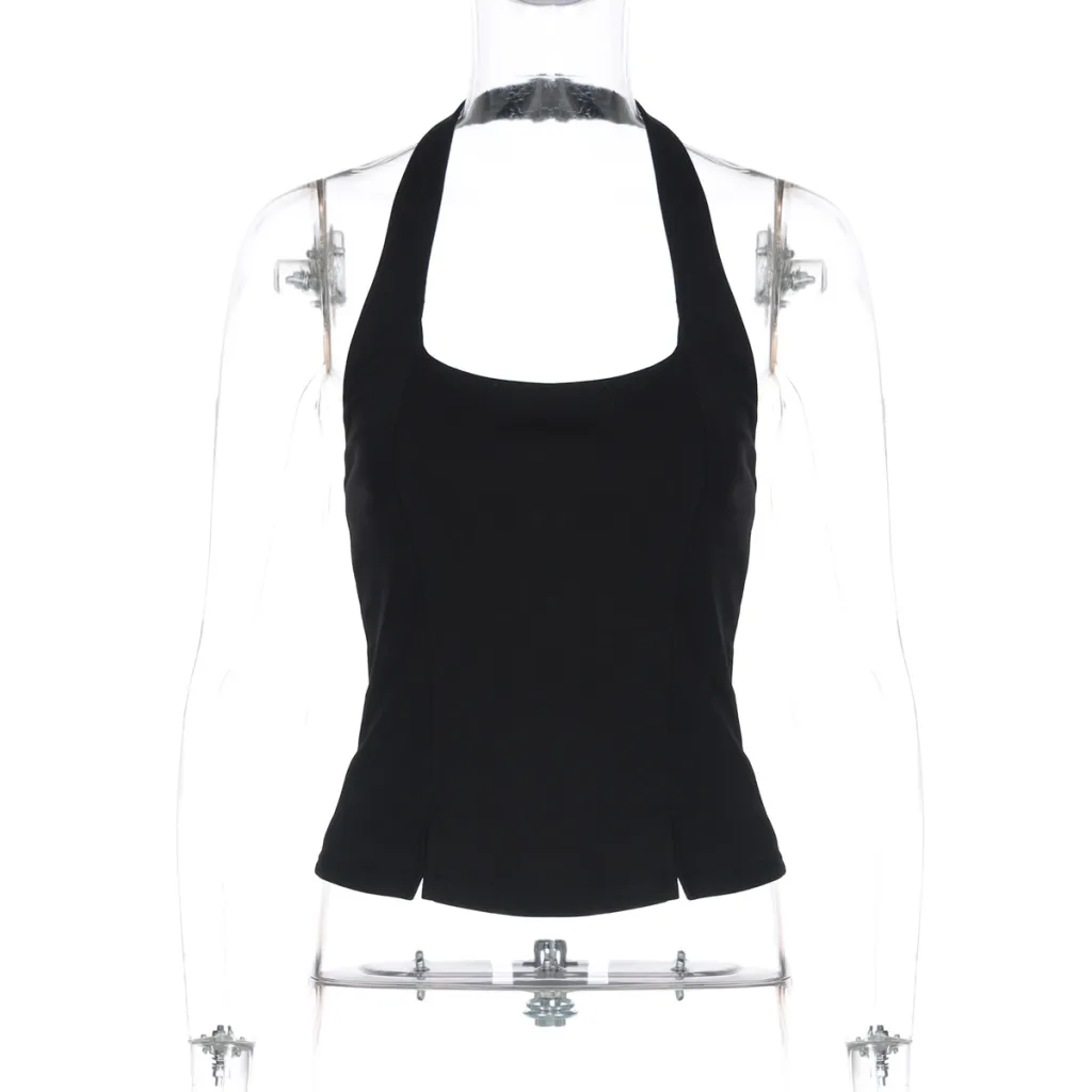 Women's Backless Halter Neck Bodycon Camisole Top - Black