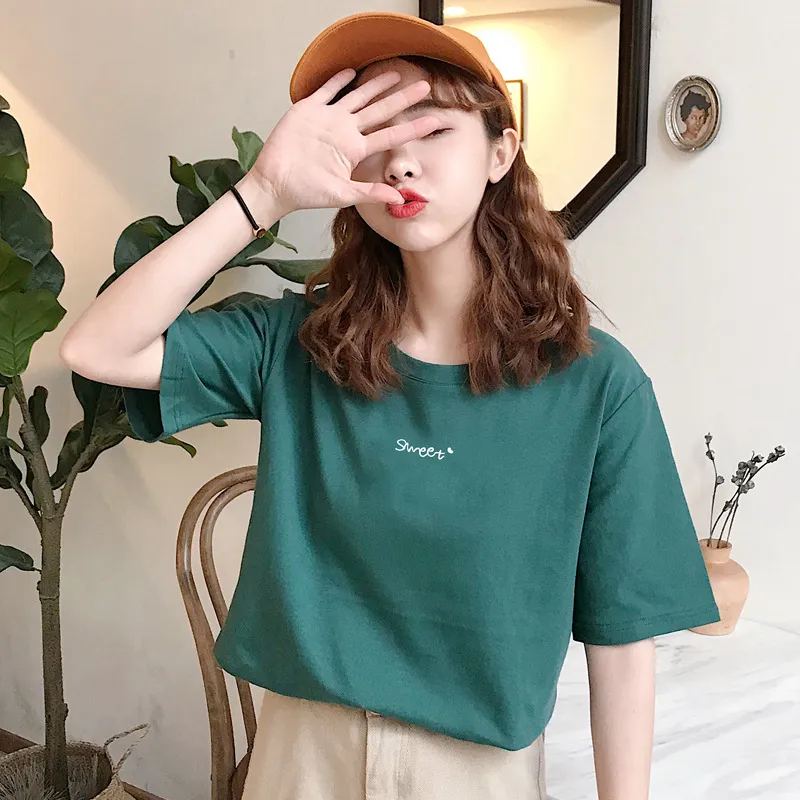 Letter Printed Cotton Half Sleeve Bottoming T-shirt - 169 Dark Green
