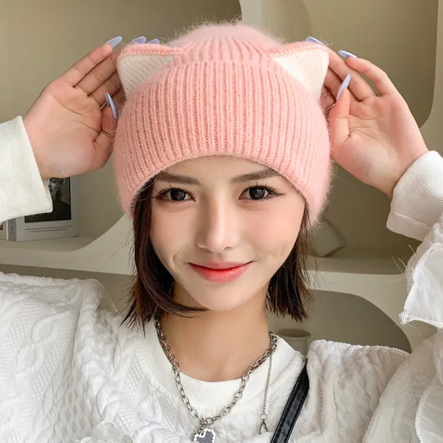 Cat Ears Woolen Knitted Hat Women's Spring And Autumn Winter Korean Style Pink - Shop at LoveMi