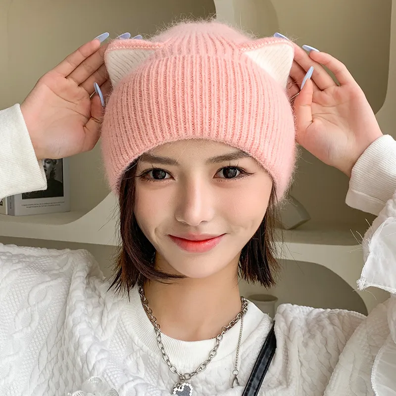 Cat Ears Woolen Knitted Hat Women's Spring And Autumn Winter Korean Style - Pink