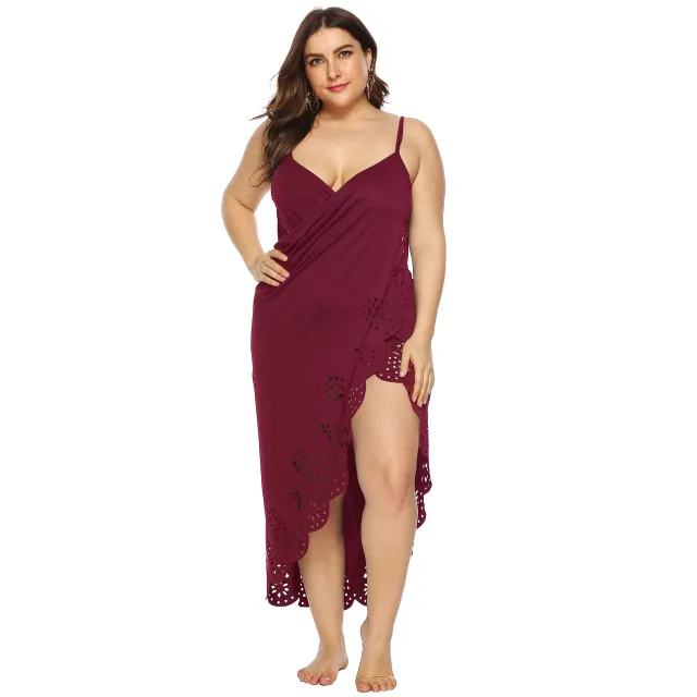 Hot Print Pattern Hollow Out Beach Cover Irregular Spaghetti strap Dress Purplish Red - Shop at LoveMi