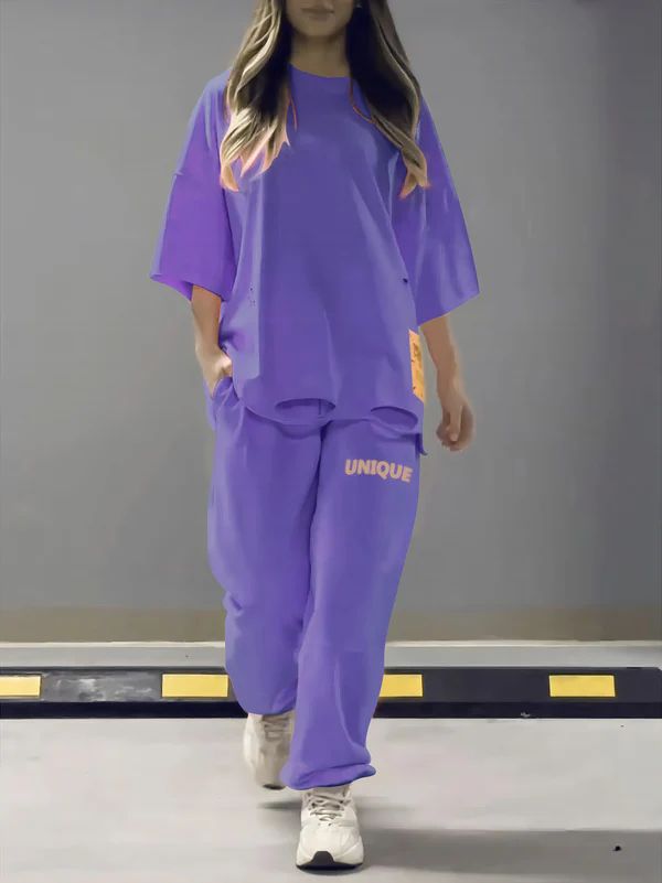 Loose Hollow Crew Neck T shirt Top Pants Suit Two piece Set Purple - Shop at LoveMi
