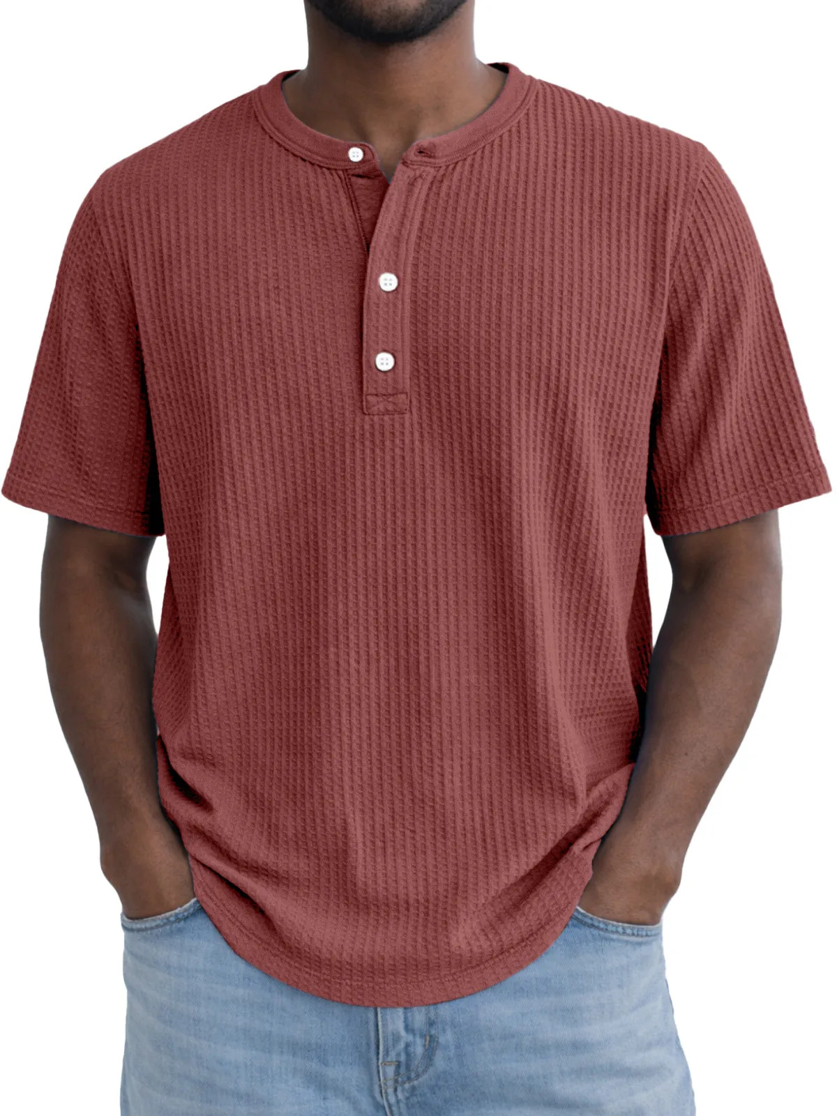 Short-Sleeve Waffle-Weave Henry Collar T-Shirt