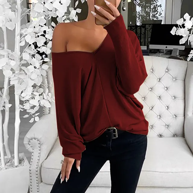 V neck Lapsed Sleeves Loose Long sleeved Top T shirt For Women Wine - Shop at LoveMi