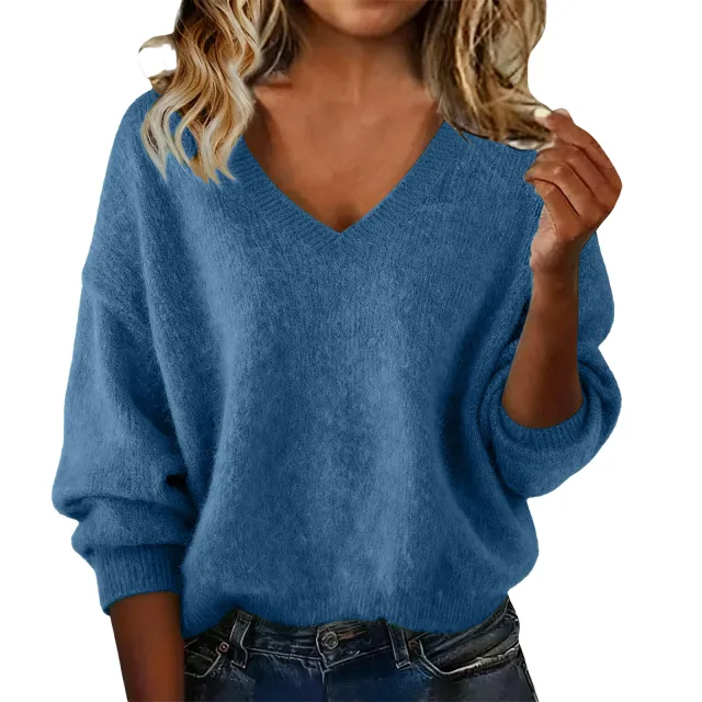 New Fashion Loose Solid Color V neck Sweater Women Blue - Shop at LoveMi