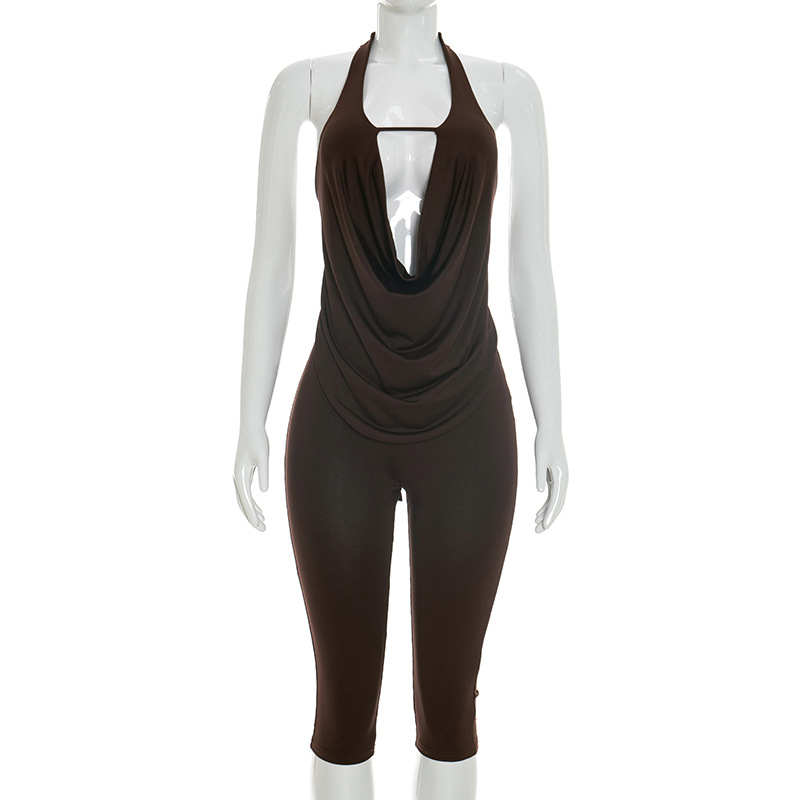 Womens Solid-color Spicy-chic Slimming Draped-neck Halter Set 4