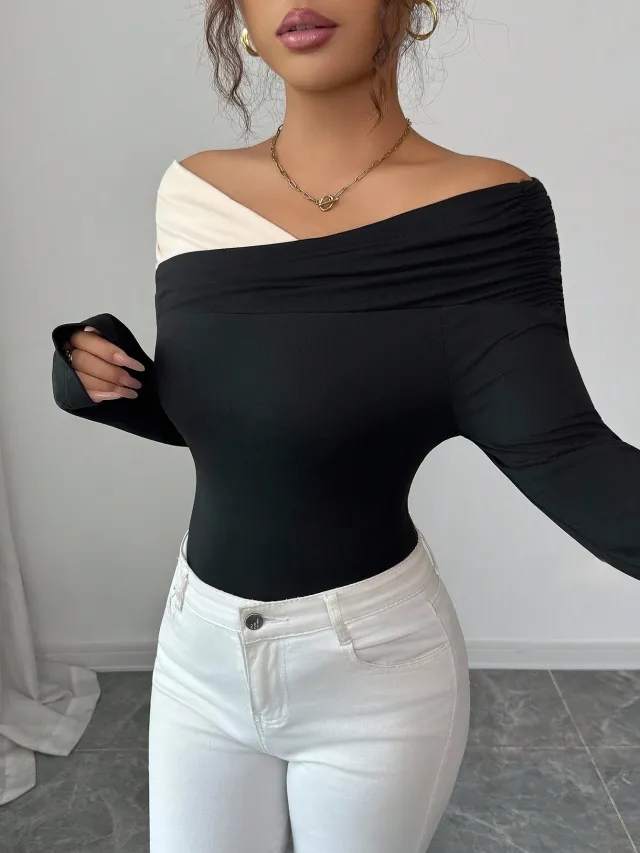 Off the shoulder Asymmetrical Ruffled edge Figure hugging Long Top Black - Shop at LoveMi