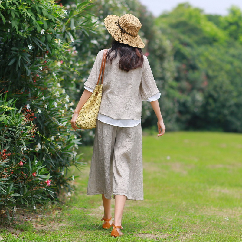 Artistic Double-layer Tulle V-neck Color-block Top Cropped Wide-leg Pants Suit Two-piece Set