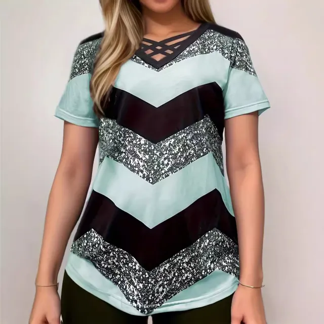 Women's Cross V neck Striped Elegant Casual Short sleeved T shirt Green - Shop at LoveMi