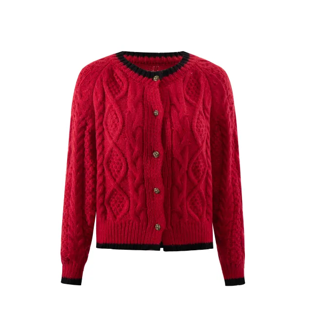 Women's American style Casual Sweater Round Neck Knitted Cardigan Red - Shop at LoveMi