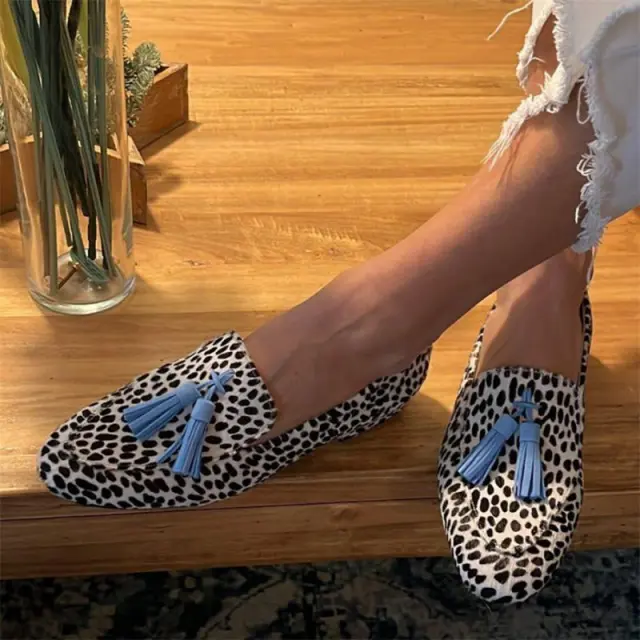 Spring And Autumn Tassel Low Heel Round Head 40 43 Low cut Plus Size Leopard Print Casual Loafers Leopard - Shop at LoveMi