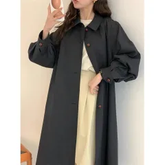 Retro A- Line Lantern Sleeve Mid-length Trench Coat For Women - Navy Blue - View 1