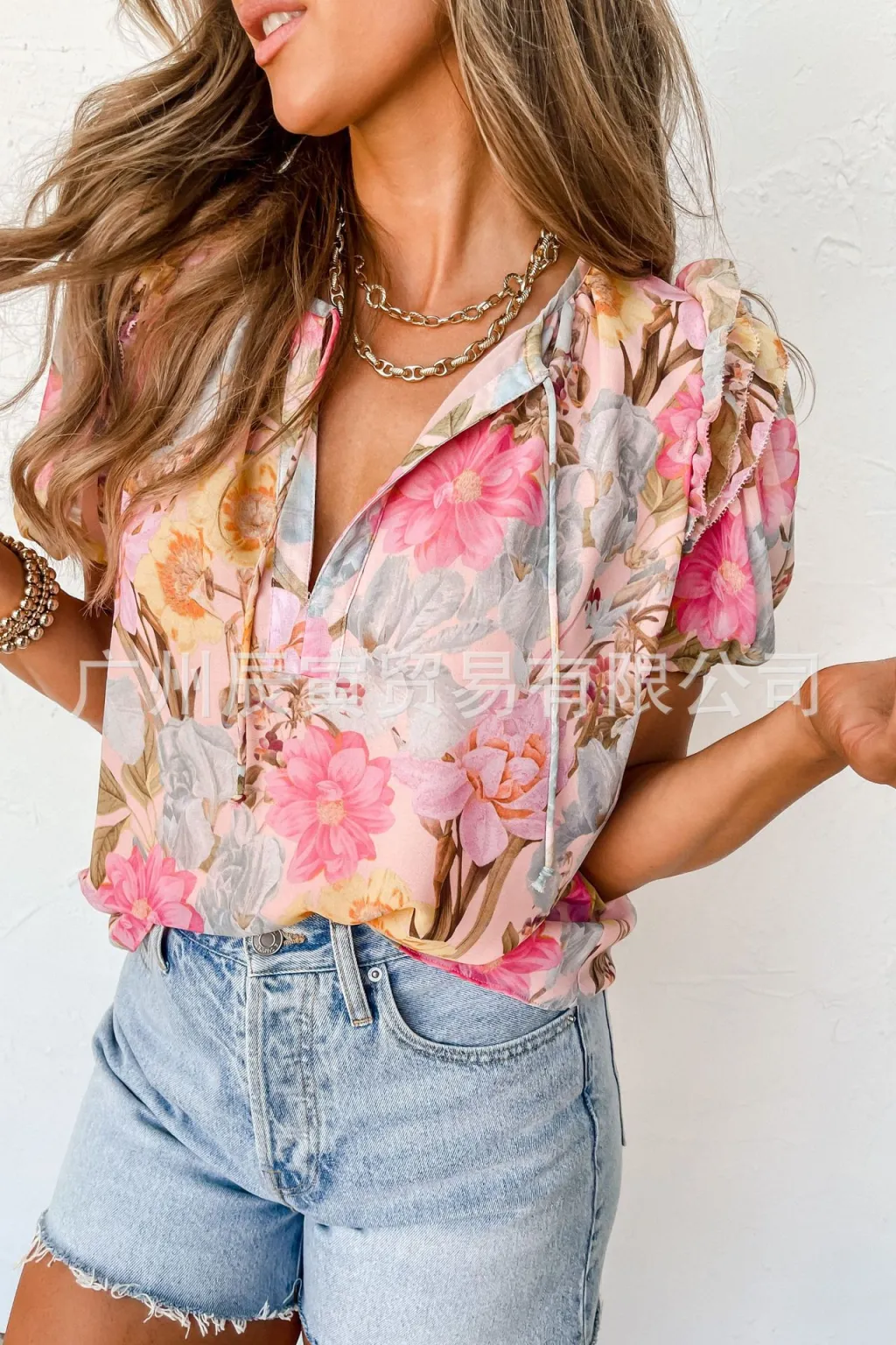 V-neck Puff Sleeve Floral Loose T-shirt - Floral