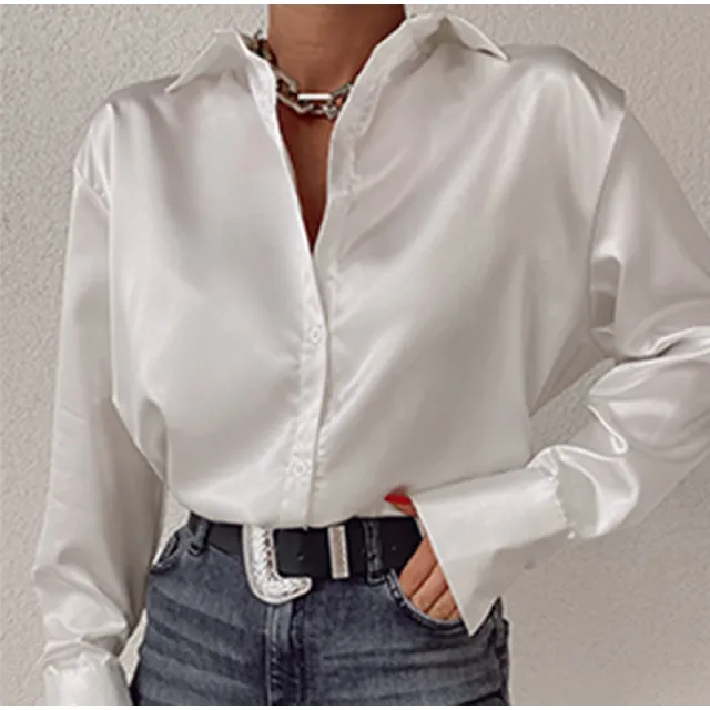 Autumn Cotton Long Sleeve Solid Color Polo Collar Single breasted Shirt White - Shop at LoveMi