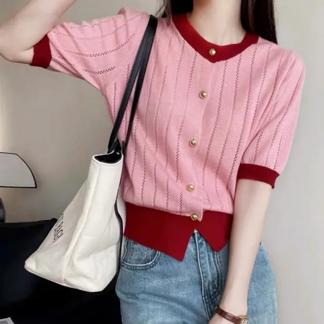 High grade Classic Style Contrast Color Short sleeved Knitted Sweater Pink - Shop at LoveMi