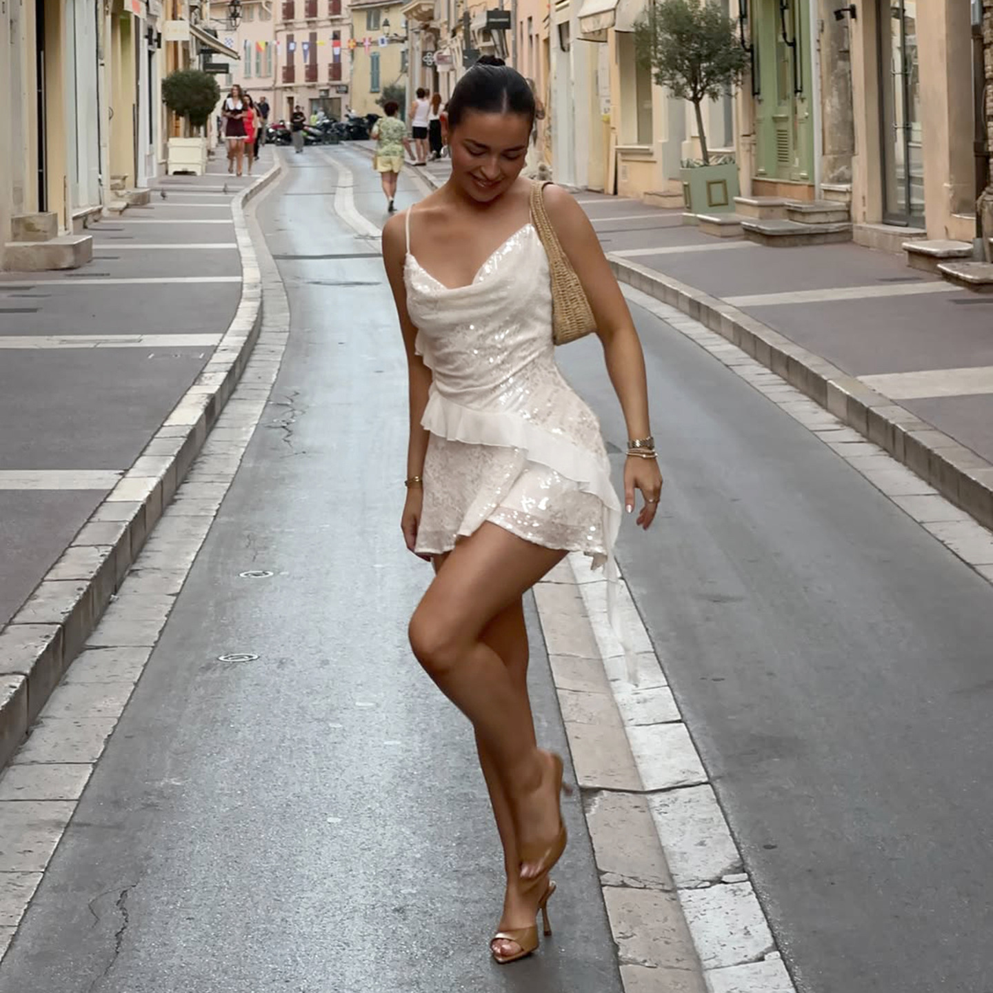 Sequin-trimmed Off-the-shoulder Irregular Hem Pleated Dress