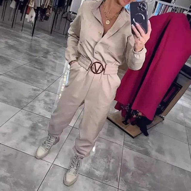 Waist controlled Long Sleeves Casual Shirt Jumpsuit For Women Khaki - Shop at LoveMi