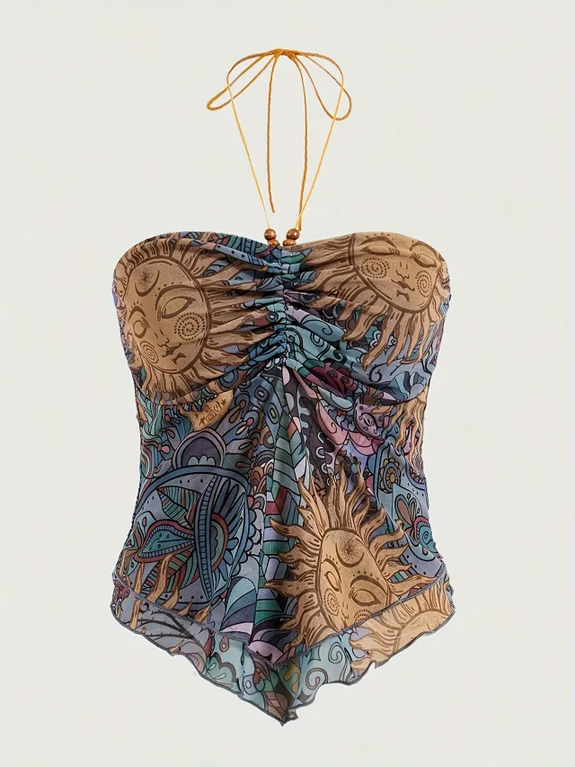 Women's Y2g Mesh SUNFLOWER Printed Irregular Vest Top Multicolor - Shop at LoveMi