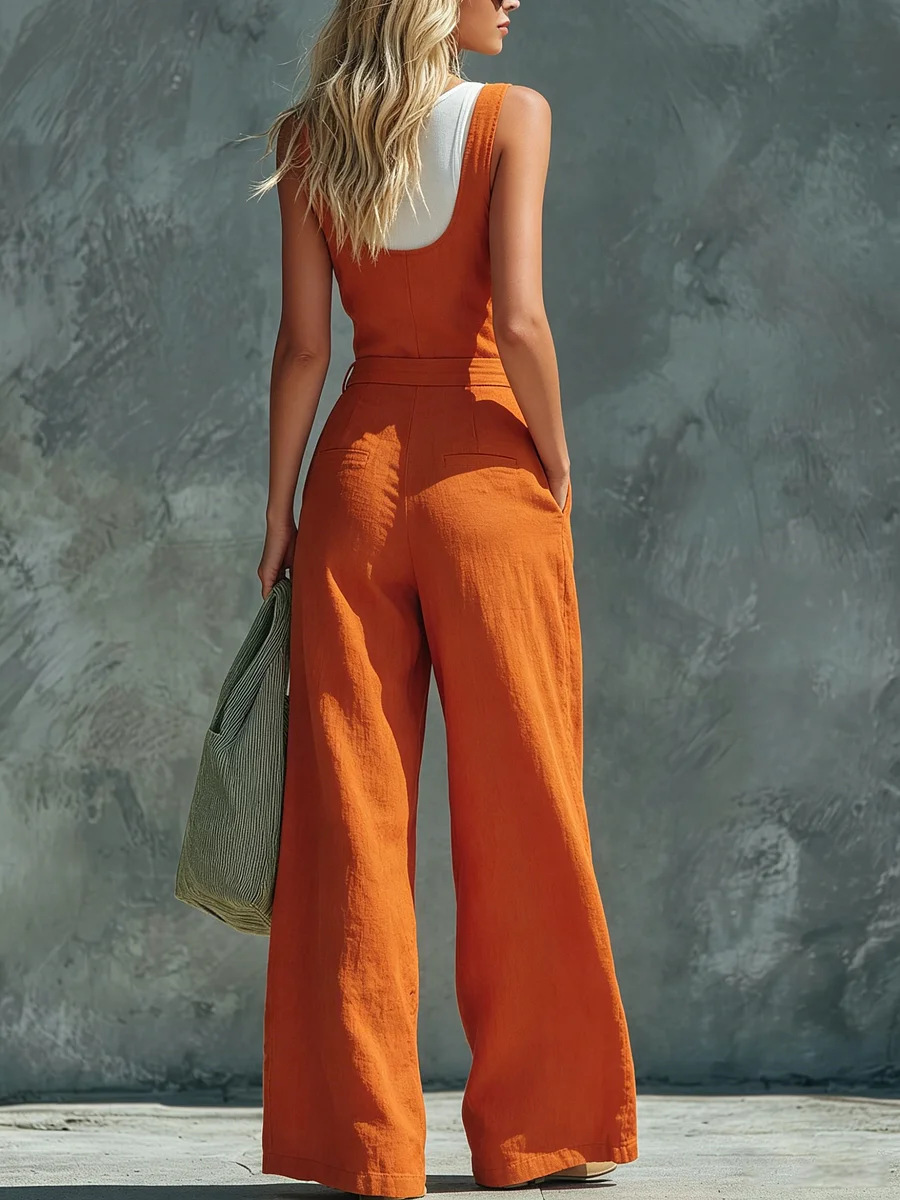 Women's Retro High-Waist Wide-Leg Jumpsuit – solid color elegant office front view