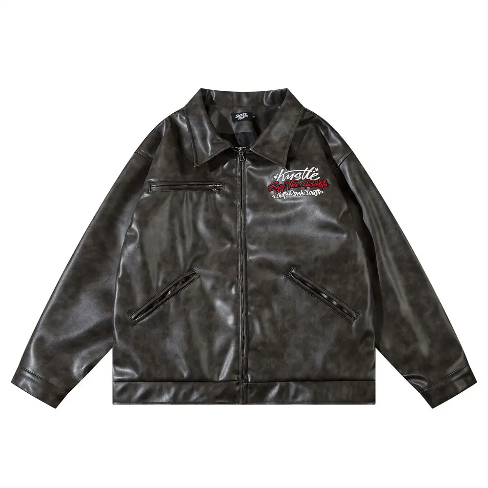 American-style Old Embroidery Letters Loose Leather Coat