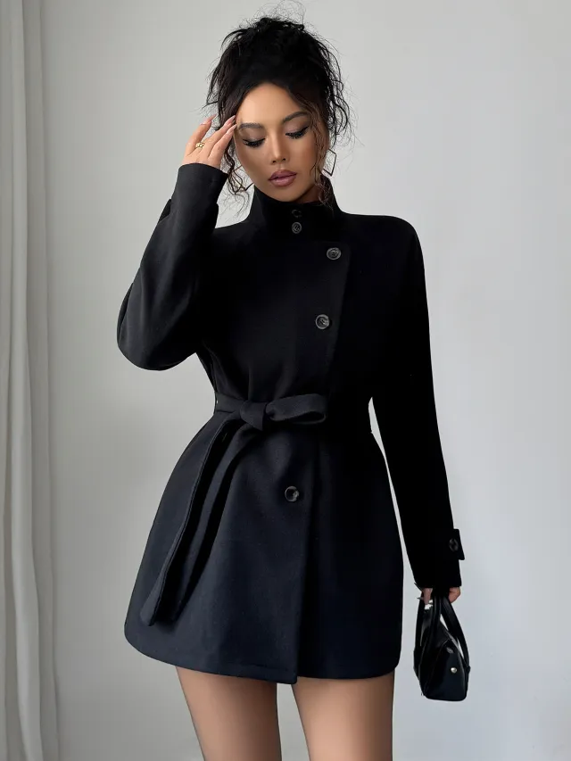 Women's Solid Color Casual Button Long Sleeved Windbreaker Jacket Black - Shop at LoveMi