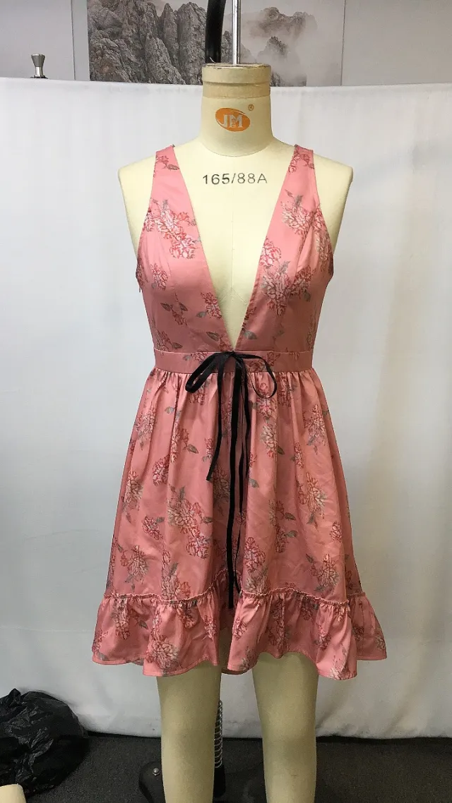 Women's Casual Versatile V neck Bohemian Dress Pink - Shop at LoveMi