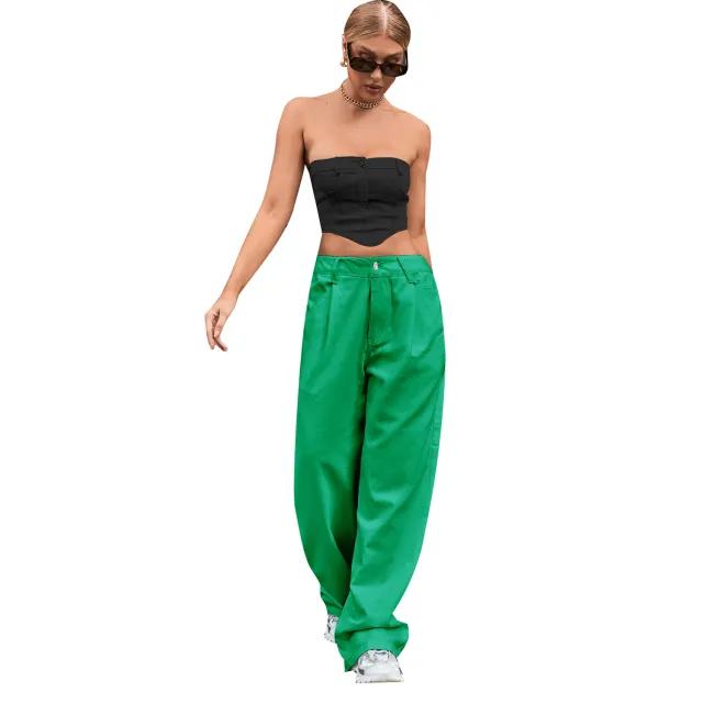 Women's Fashion Trendy High Waist Loose Denim Trousers Green - Shop at LoveMi